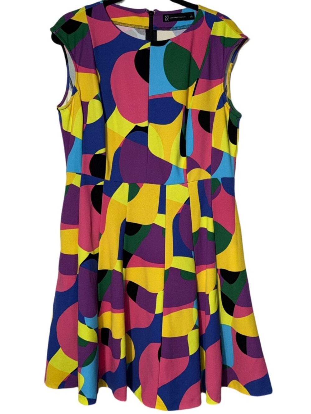 New York & Company Bright Multicolor Geometric Fit-and-Flare Dress Sz Large